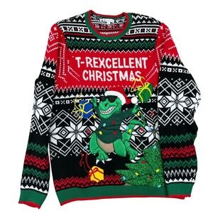 Jolly Sweaters Ugly Christmas Sweater Mens XL T-Rex Dinosaur Red Black Green